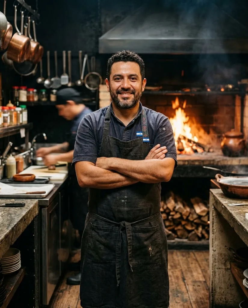 Chef with arms crossed in front of the wood fire