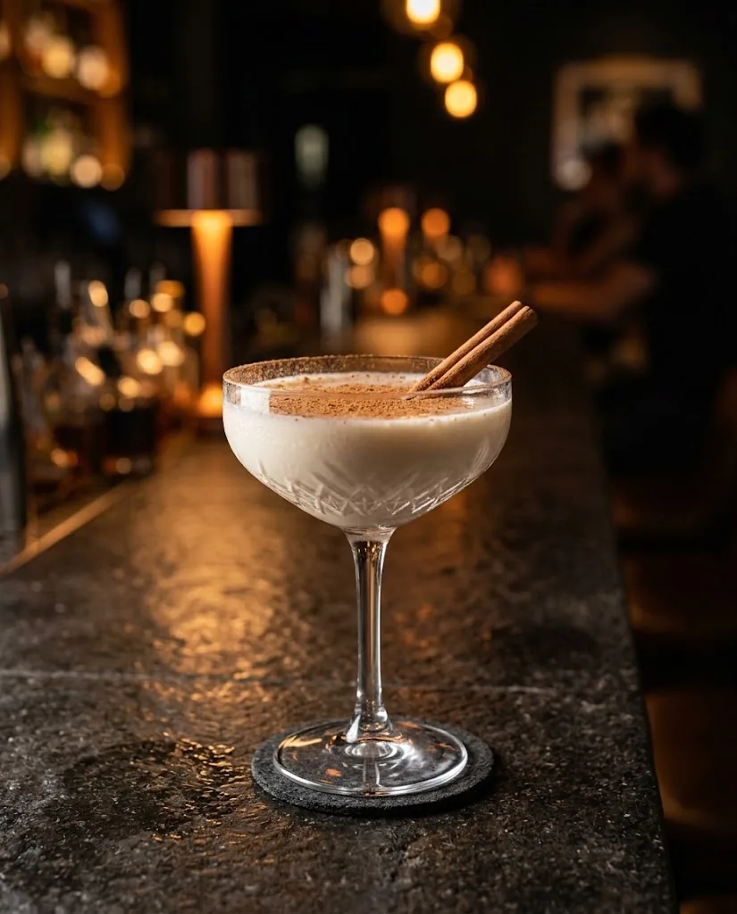 Horchata cocktail in a coupe with a cinnamon stick