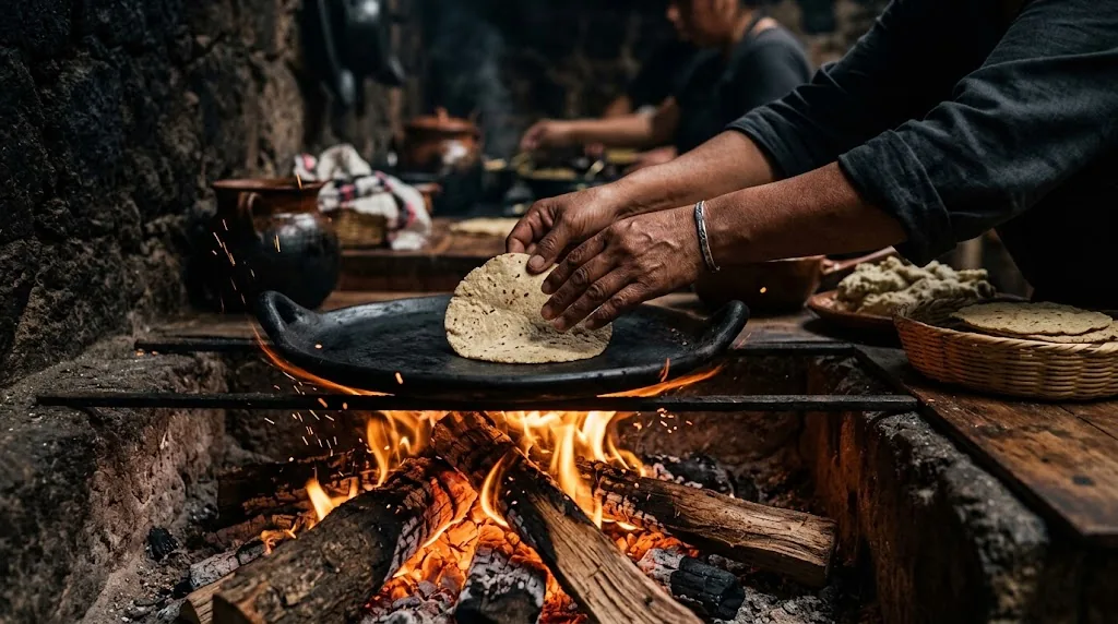 A cook placing a handmade tortilla on a clay comal over a wood fire