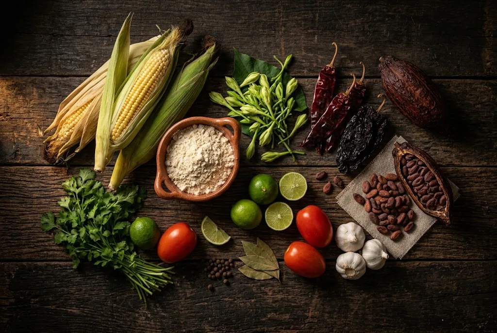 Corn, loroco, dried chiles, cacao and limes on dark wood