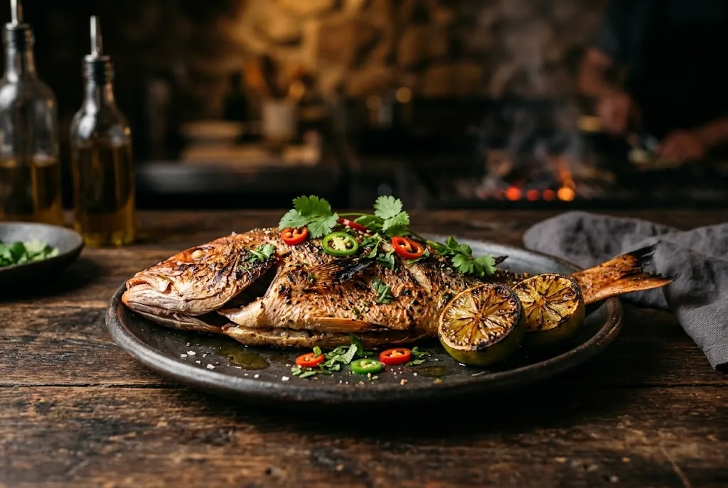 Whole grilled red snapper with charred lime