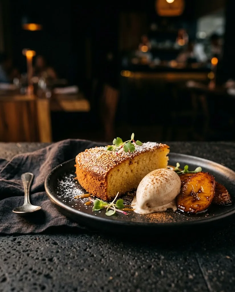 Slice of sesame quesadilla cake with cinnamon ice cream and plantains