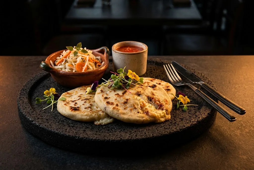 Pupusas on a volcanic stone plate with curtido and salsa
